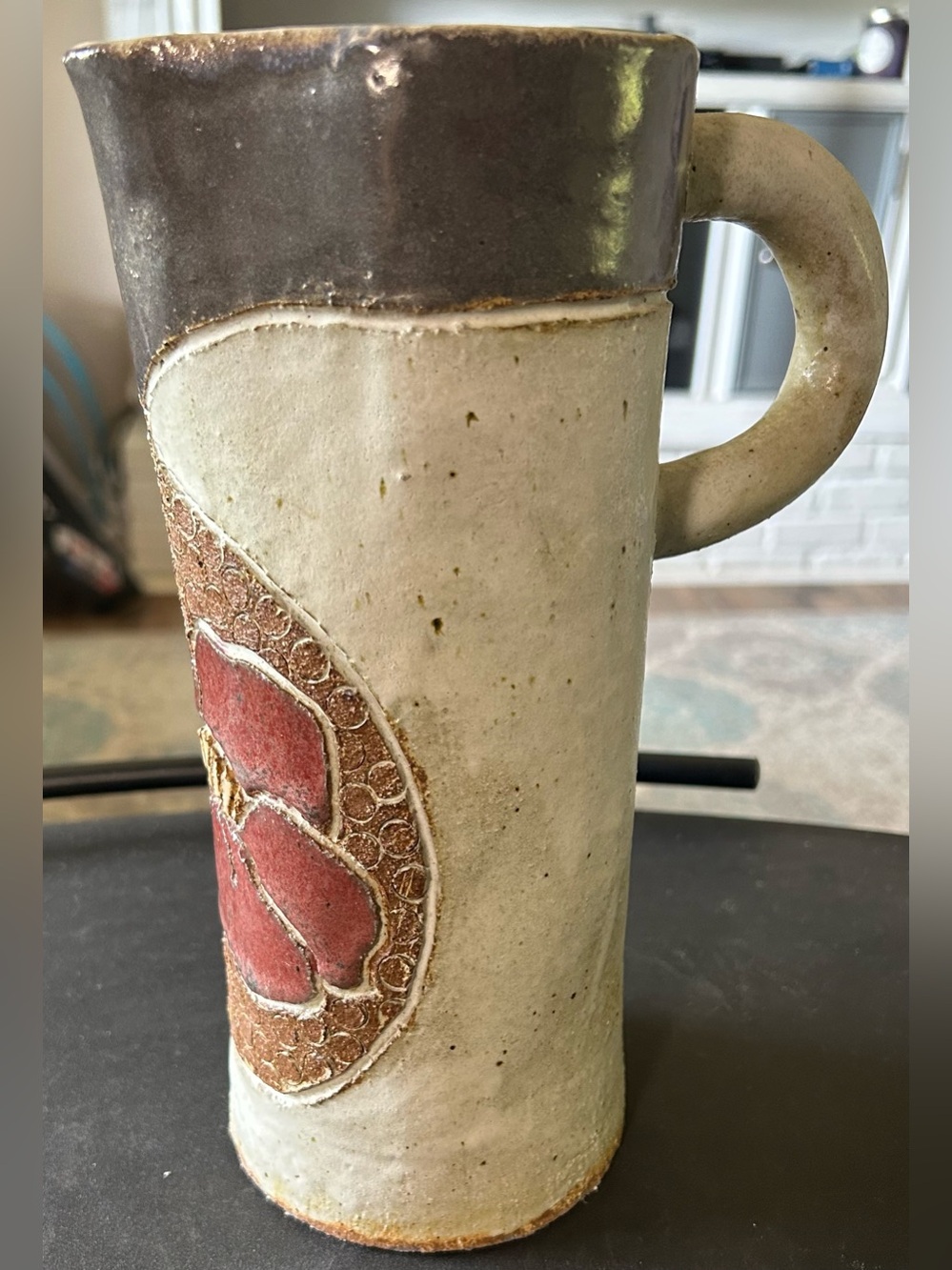Handcrafted Ceramic Floral Pitcher in Cream and Brown 10”X3.5”